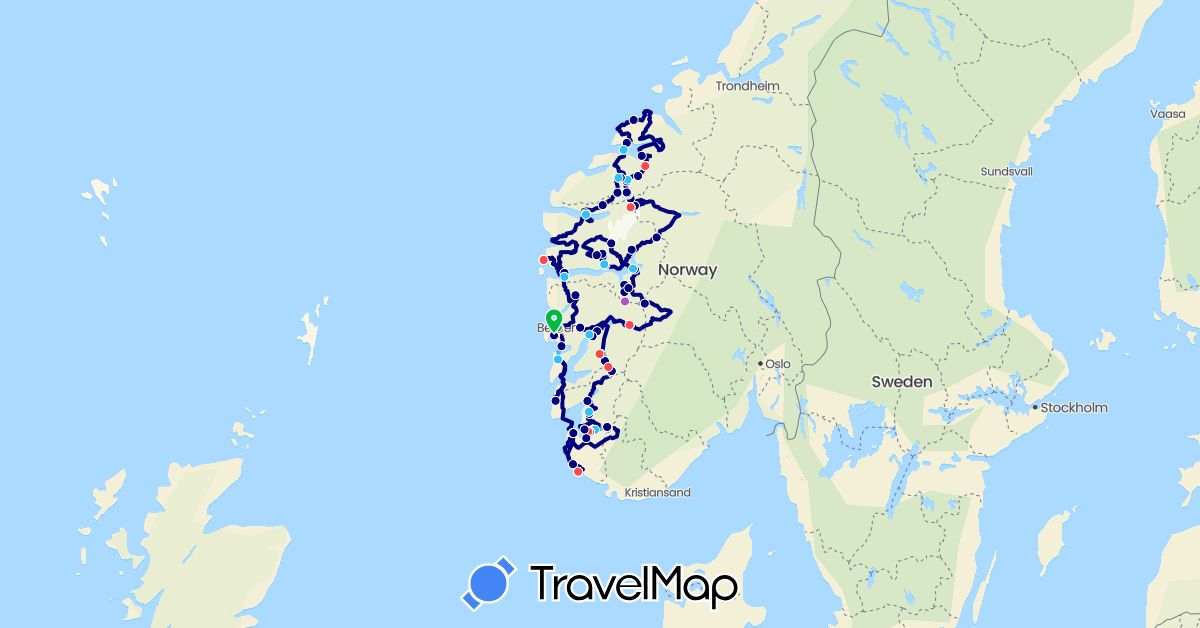 TravelMap itinerary: driving, bus, train, hiking, boat, avion in Norway (Europe)