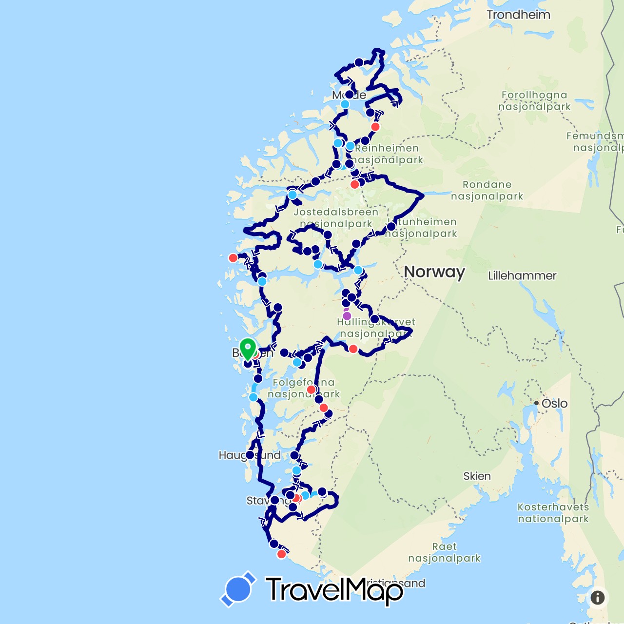 TravelMap itinerary: driving, bus, train, hiking, boat, avion in Norway (Europe)