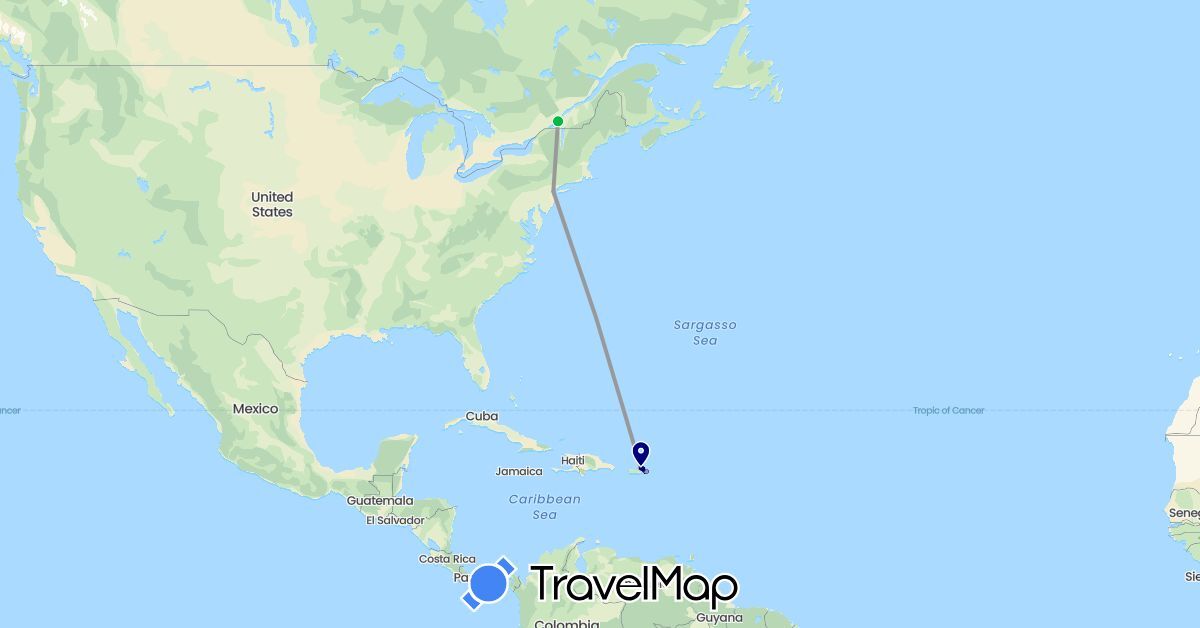TravelMap itinerary: driving, bus, plane, hiking, chauffeur privé, metro in Canada, United States (North America)