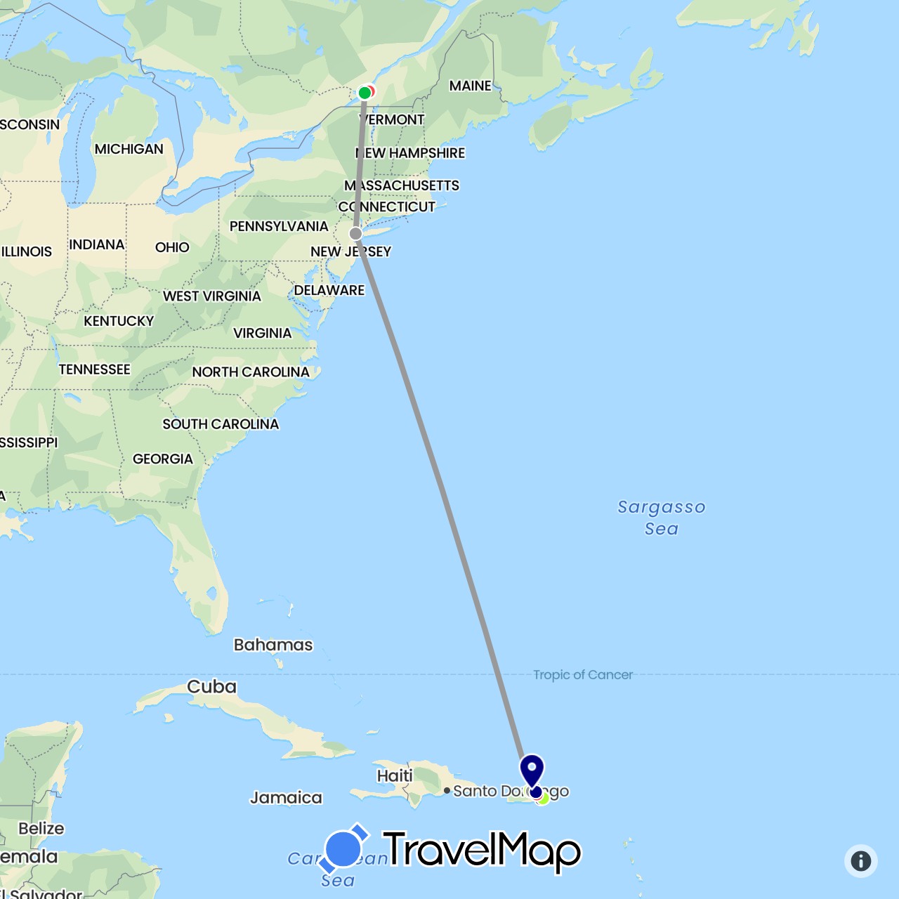 TravelMap itinerary: driving, bus, plane, hiking, chauffeur privé, metro in Canada, United States (North America)