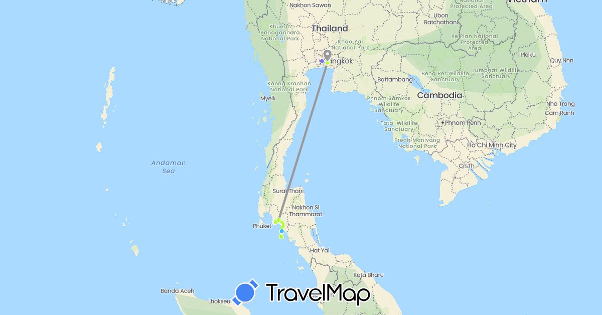 TravelMap itinerary: driving, bus, plane, hiking, boat, chauffeur privé, metro in Thailand (Asia)