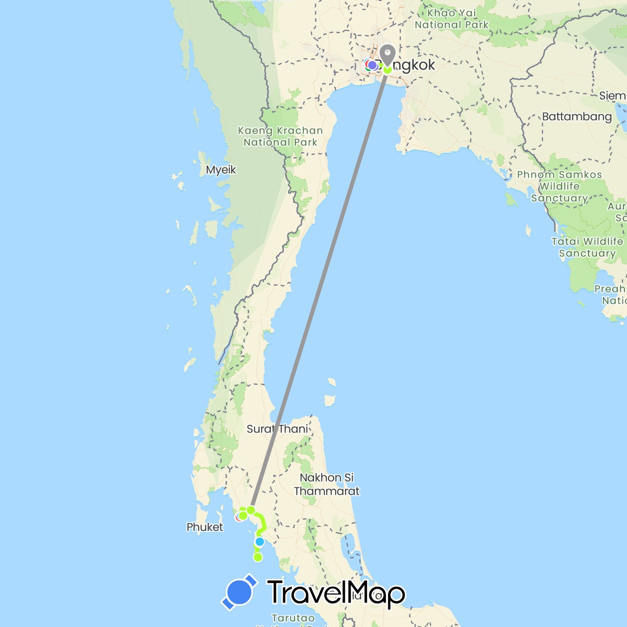 TravelMap itinerary: driving, bus, plane, hiking, boat, chauffeur privé, metro in Thailand (Asia)