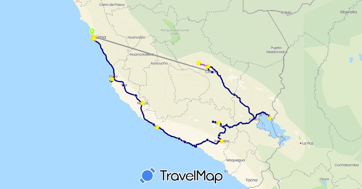 TravelMap itinerary: driving, bus, plane, train, hiking, boat, chauffeur privé in Peru (South America)