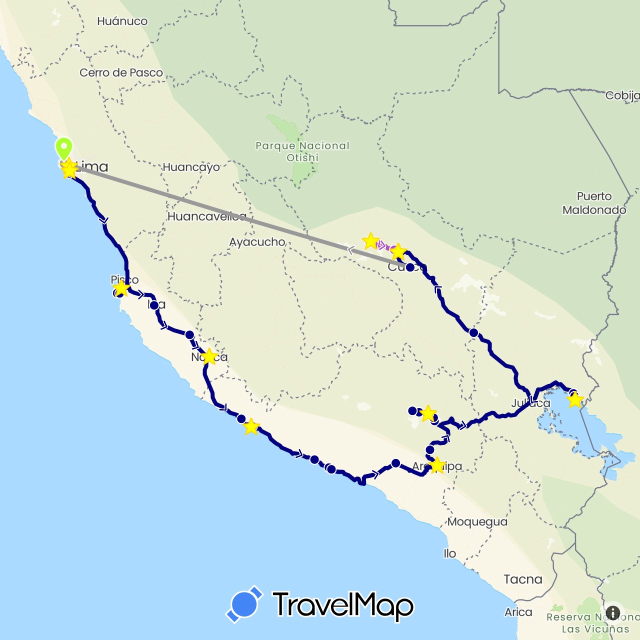 TravelMap itinerary: driving, bus, plane, train, hiking, boat, chauffeur privé in Peru (South America)