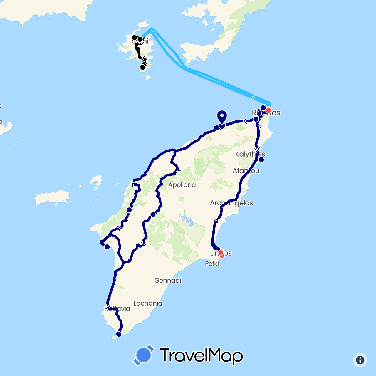 TravelMap itinerary: driving, hiking, boat, scooter in Greece (Europe)