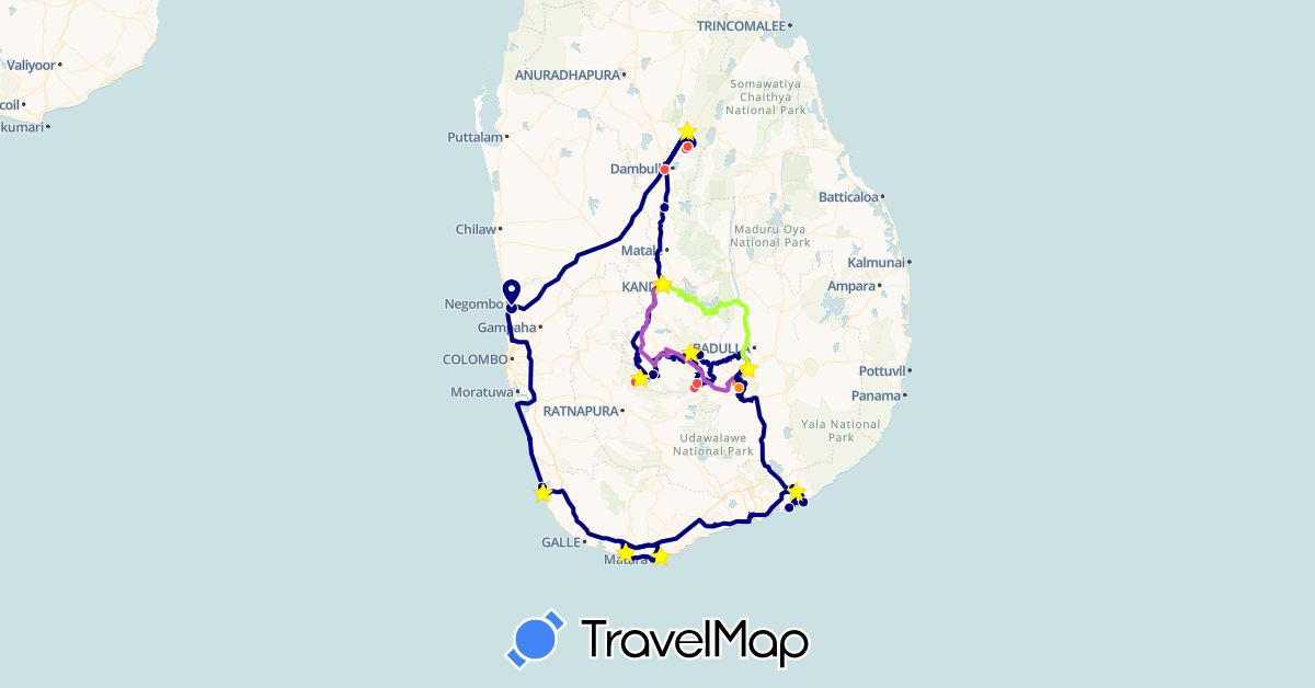 TravelMap itinerary: driving, train, hiking, tuk tuk, chauffeur privé in Sri Lanka (Asia)