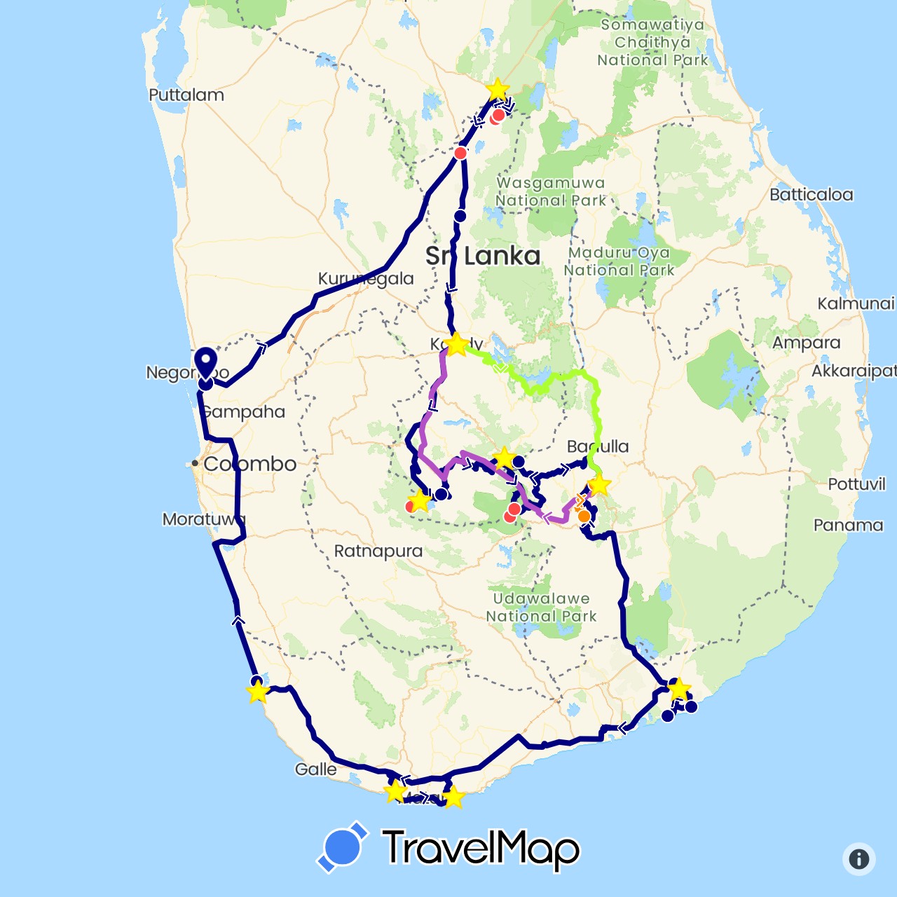 TravelMap itinerary: driving, train, hiking, tuk tuk, chauffeur privé in Sri Lanka (Asia)
