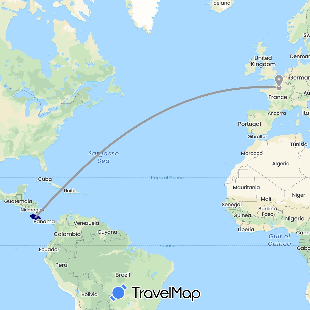 TravelMap itinerary: driving, plane in Costa Rica, France (Europe, North America)