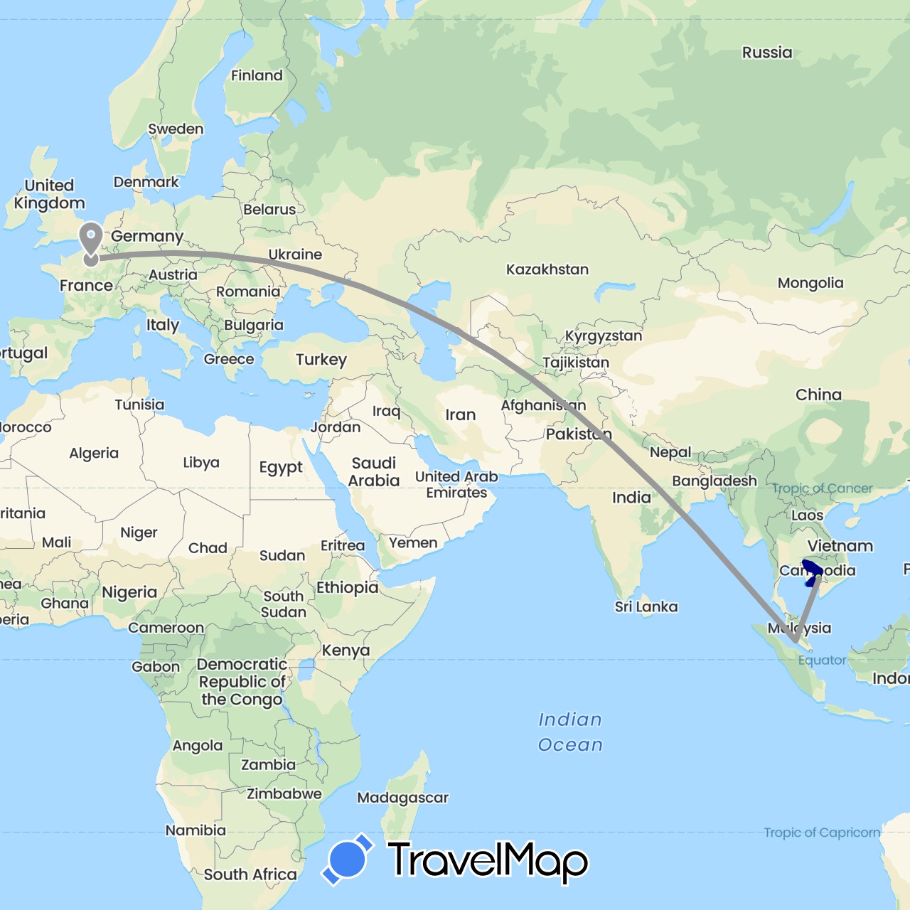 TravelMap itinerary: driving, plane, boat, chauffeur privé, taxi in France, Cambodia, Malaysia (Asia, Europe)