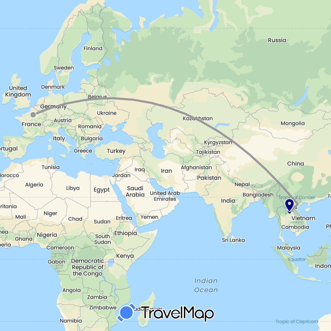 TravelMap itinerary: driving, plane, boat in France, Laos, Vietnam (Asia, Europe)